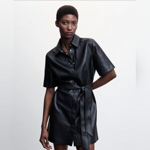NWOT MNG Black Faux Leather Shirt Dress